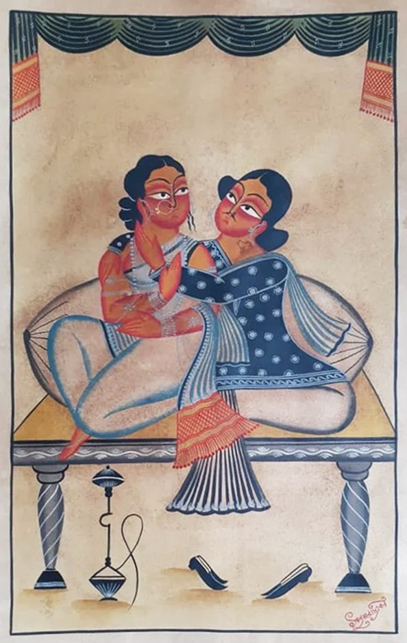 Cherished Moments of Babu and Bibi:Kalighat painting by  Hasir Chitrakar Thumbnail