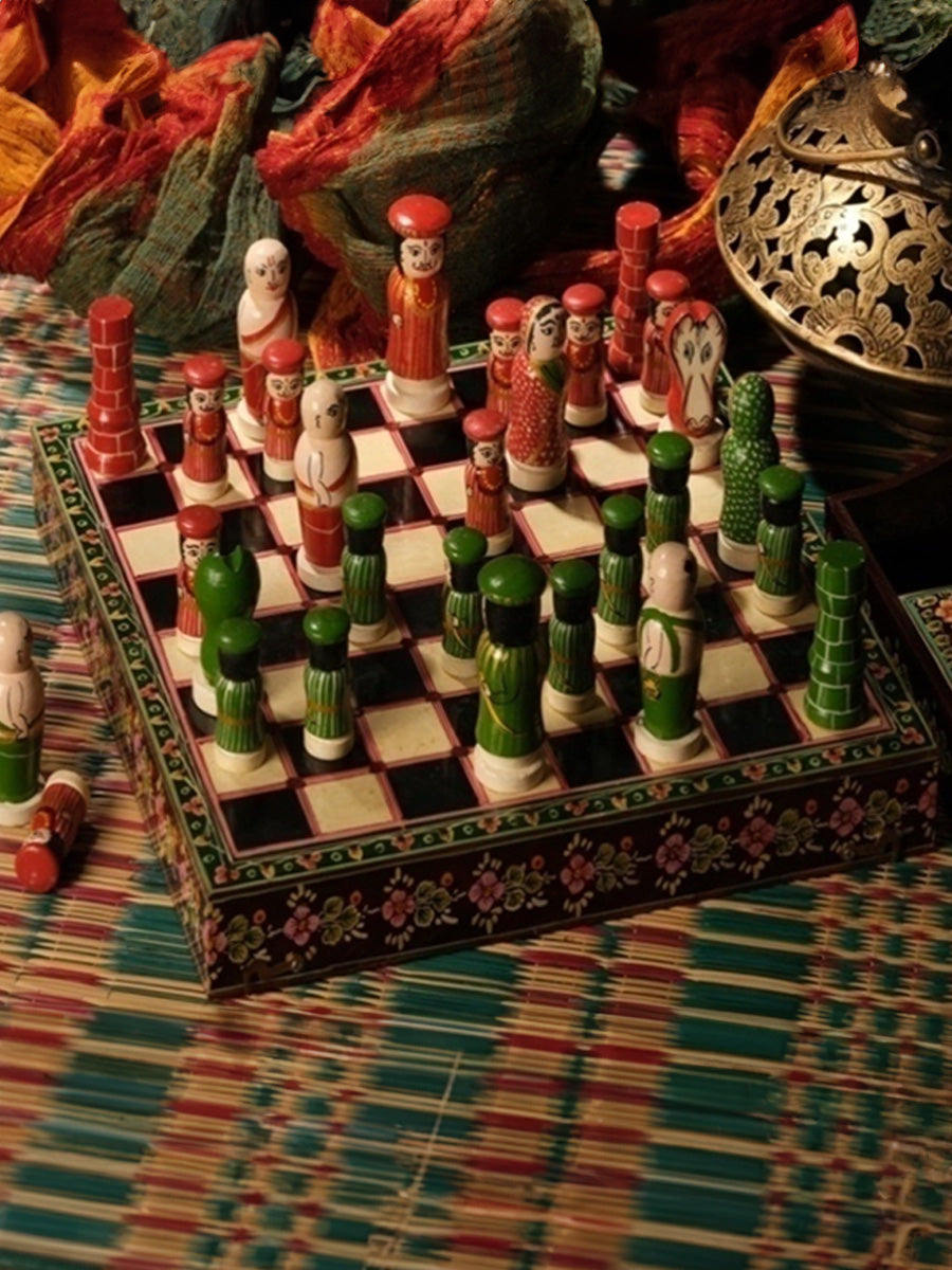 Chess Set in Teak Wood Ganjifa by Sawant Bhonsle for sale