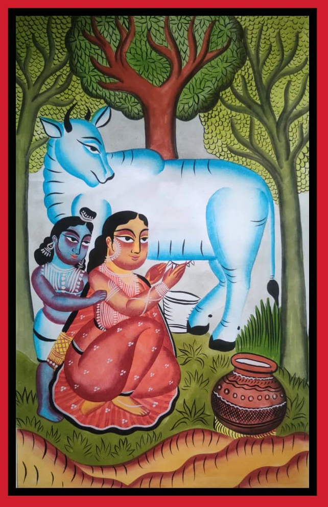 Childhood Tales of Lord Krishna:Bengal Pattachitra painting by Manoranjan Chitrakar Thumbnail