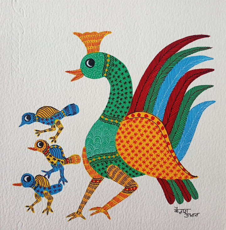 Harmonious Peacocks: Mother and Fledglings in Gond by Kailash Pradhan Thumbnail