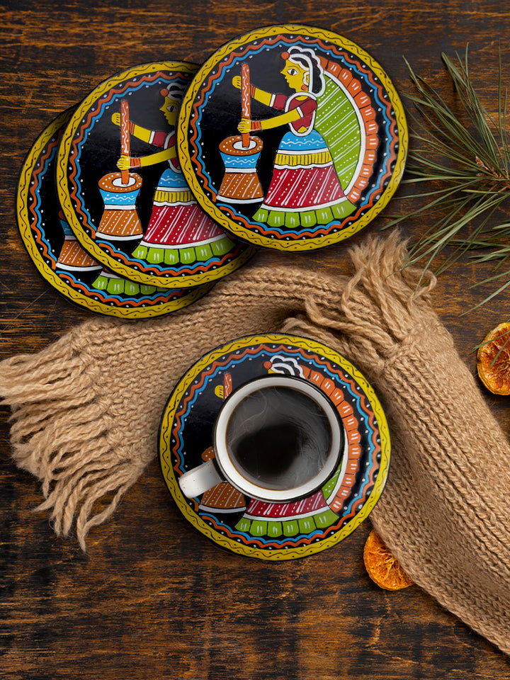 Churning of curd painted Tikuli Coaster art by Ashok Kumar Thumbnail