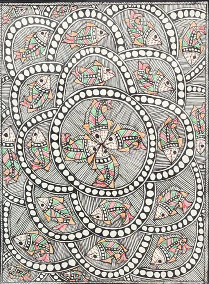 Circle of Symphony - An Aquatic Tapestry, Madhubani Painting by Priti Karn Thumbnail