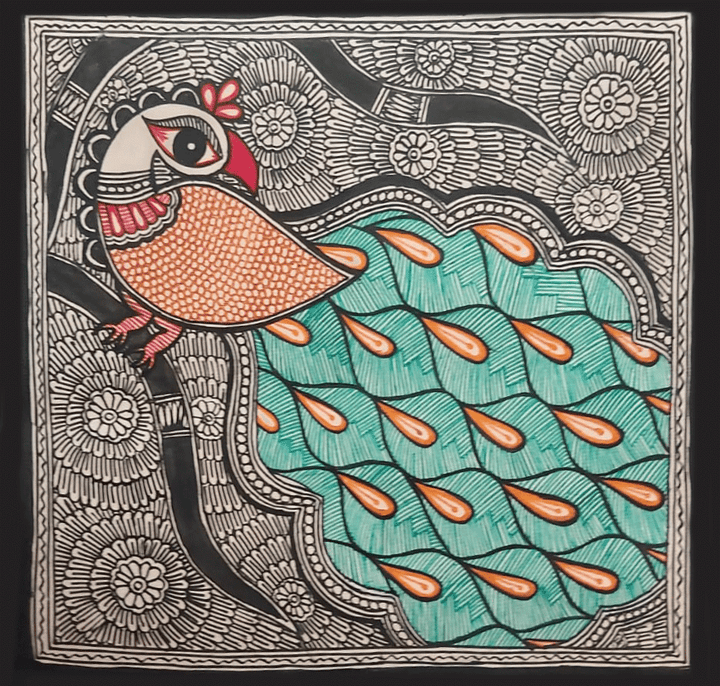 Colorful Peacock in Madhubani by Priti Karn Thumbnail
