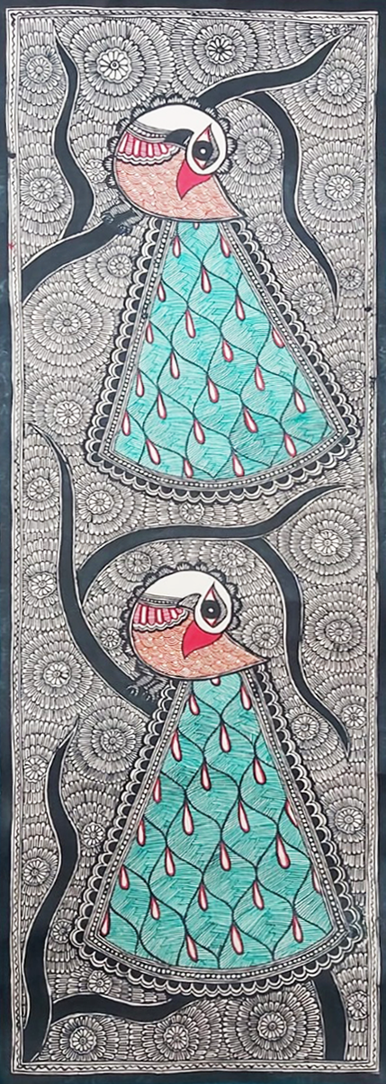 Colourful Peacocks in Madhubani by Ambika Devi Thumbnail
