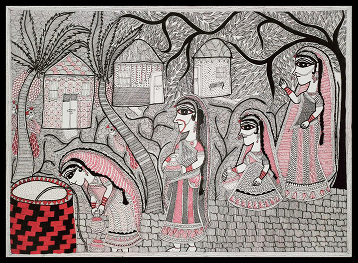 Community Threads: Gathering at the Well, Madhubani Painting by Vibhuti Nath Thumbnail