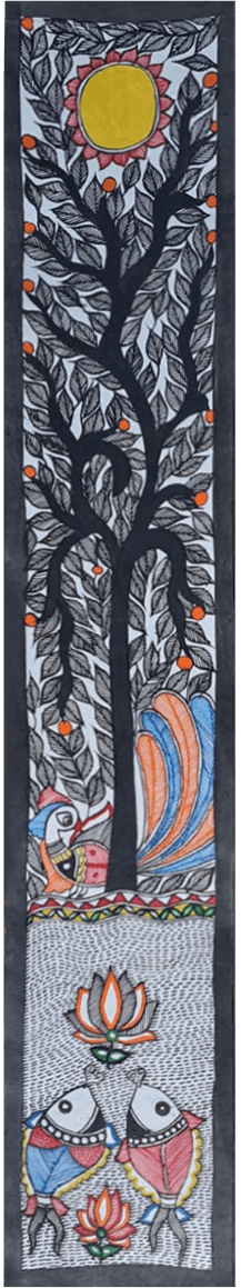 Composition showcasing tree with pond and sun: Madhubani by Vibhuti Nath Thumbnail