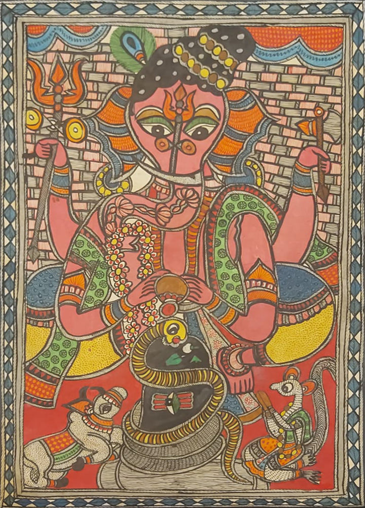 Cosmic Convergence: Lord Ganesha's Divine Rendezvous, Madhubani Painting by Priti Karn Thumbnail