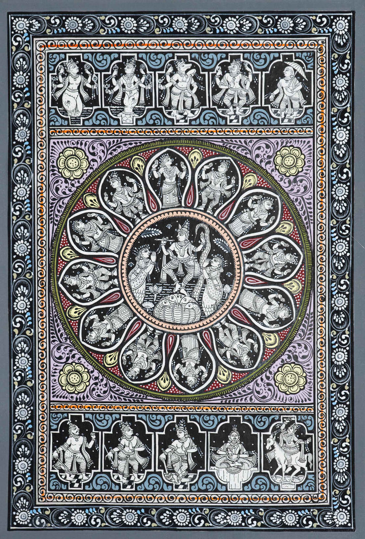 Cosmic Transformations The Divine Blessings of Lord Krishna - Pattachitra Painting by Apindra Swain for Home Decor Thumbnail