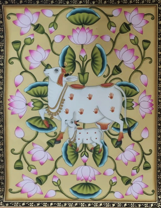 The Blooming Lotuses: Kamdhenu and Calf in Pichwai by Dinesh Soni Thumbnail