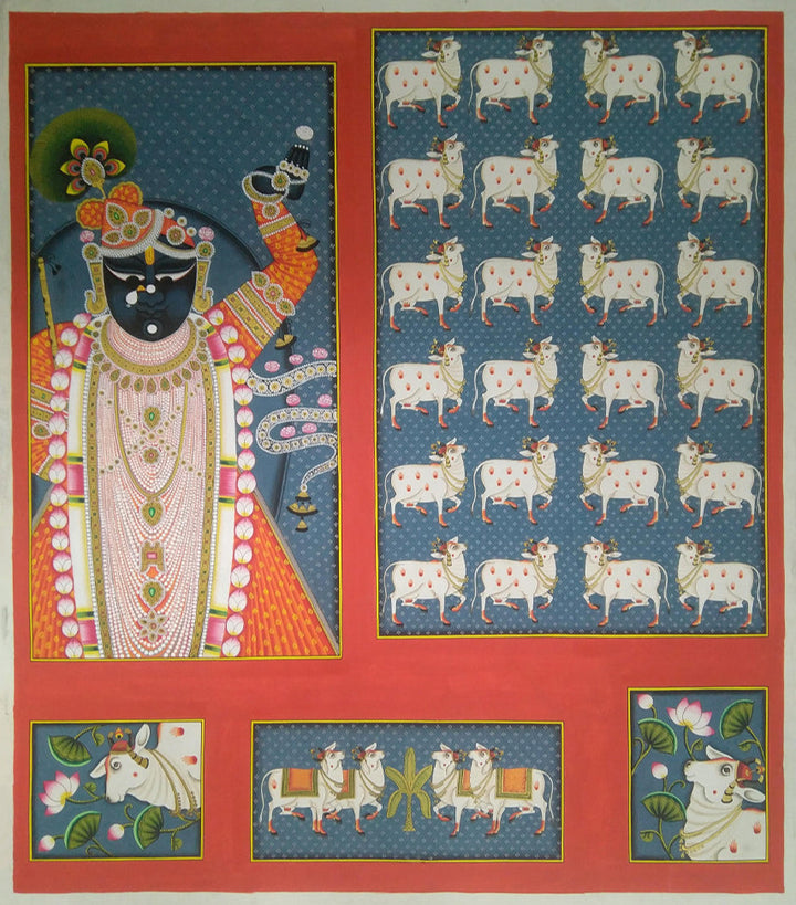Cows of Devotion: Lord Shrinath's Graceful Companions, Pichwai Painting by Dinesh Soni Thumbnail