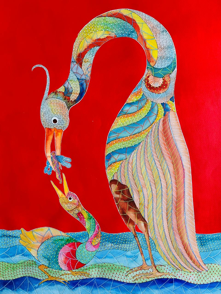 Crane’s Parental Grace:Gond Painting by Venkat Shyam Thumbnail