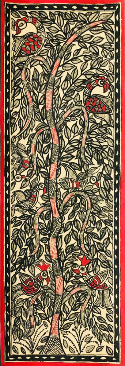 Crimson Majesty: A lush tree of splendor Madhubani Painting by Ambika Devi Thumbnail
