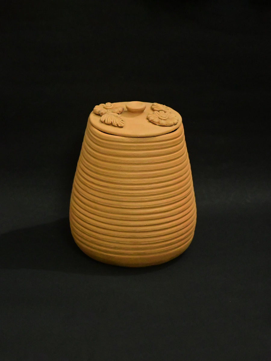 Cultural Artistry: Intricately Designed Terracotta Container and Lid 
