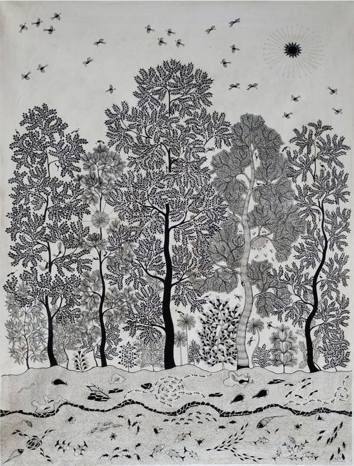 Dancing Sunbeams: A Warli Symphony in the Forest Warli painting by Dilip Rama Bahotha Thumbnail