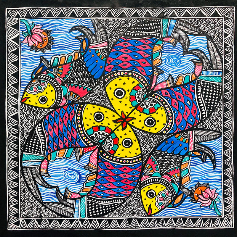Buy Dancing fishes - In Enchanted pond, Madhubani Painting by Ambika Devi