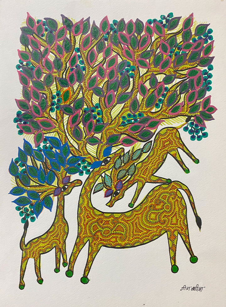 Dear with a Tree, Bhil Art by Geeta Bariya Thumbnail