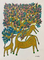Dear with a Tree, Bhil Art by Geeta Bariya