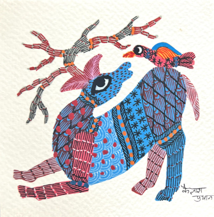 Companions of Nature: Deer and Bird in Gond by Kailash Pradhan Thumbnail