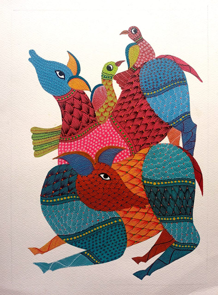 The Nature's Abode: Deer and Birds in Gond by Kailash Pradhan Thumbnail