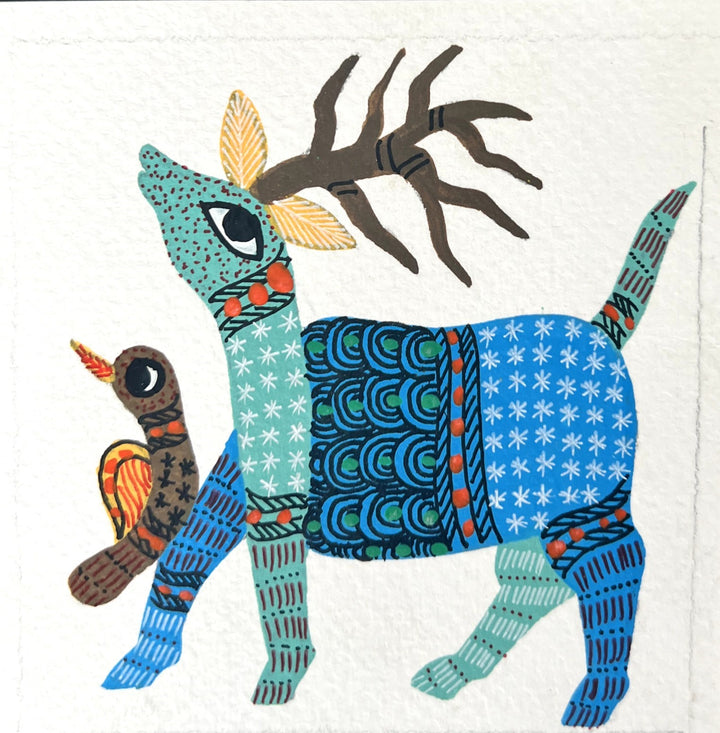 Friends of Nature: Deer and a Bird In Gond by Kailash Pradhan Thumbnail