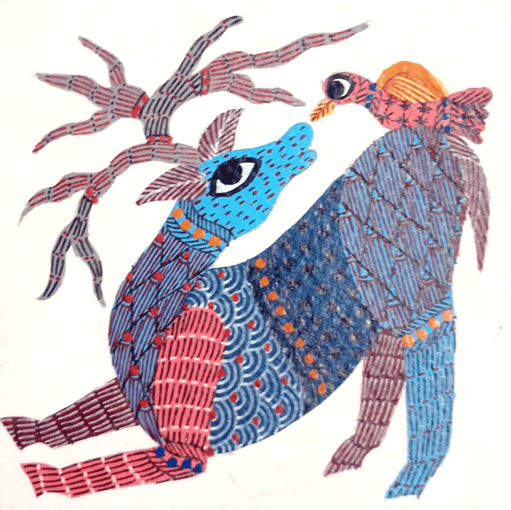 Deer and the Bird in Gond by Kailash Pradhan Thumbnail