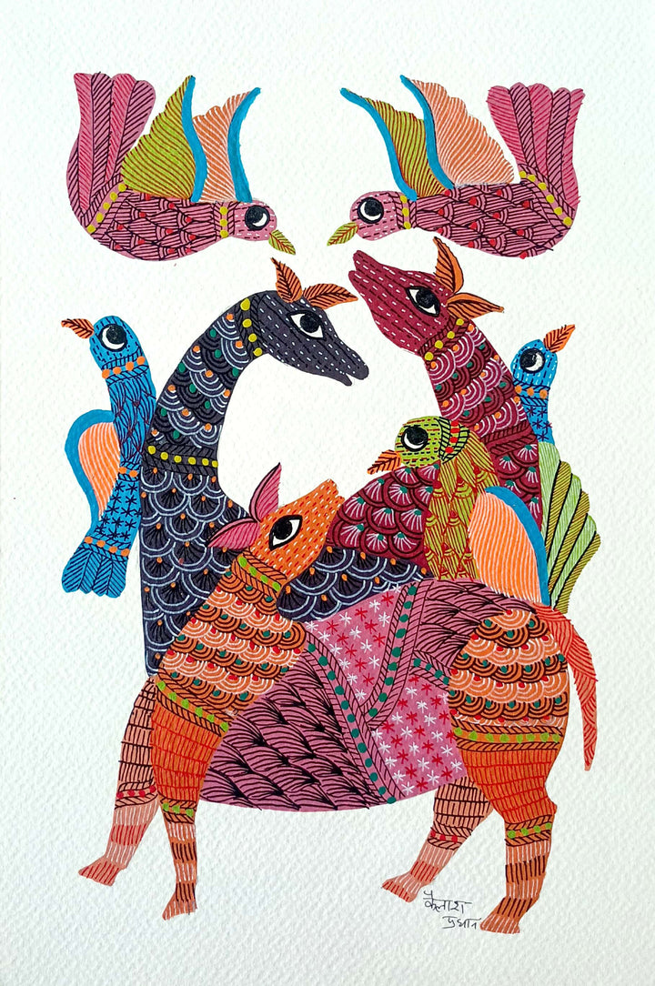 The Celebration of Nature: Deer and Birds in Gond by Kailash Pradhan Thumbnail