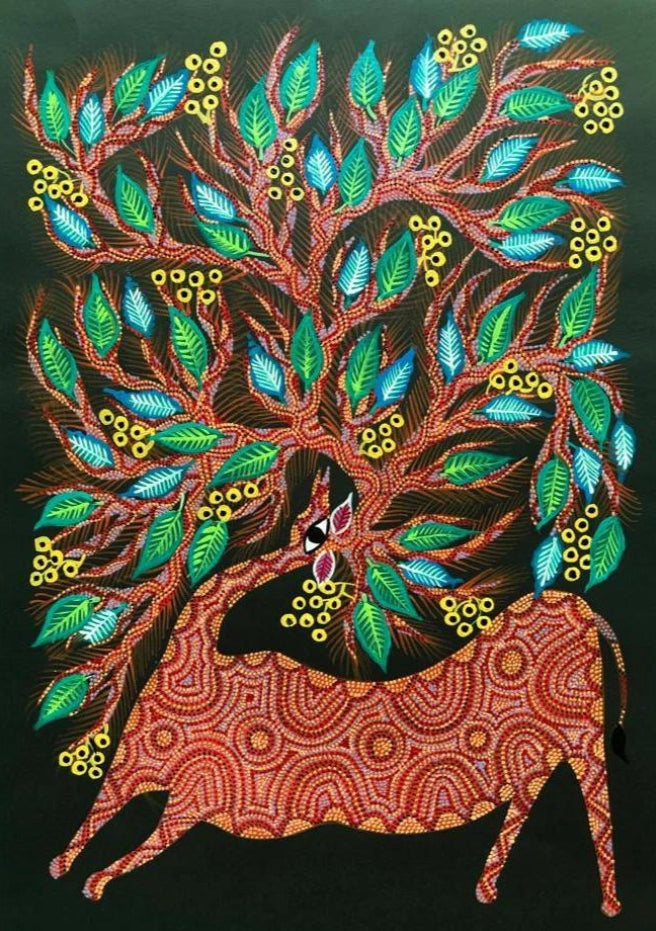 Deer in Forest Bhil Painting by Geeta Bariya Thumbnail