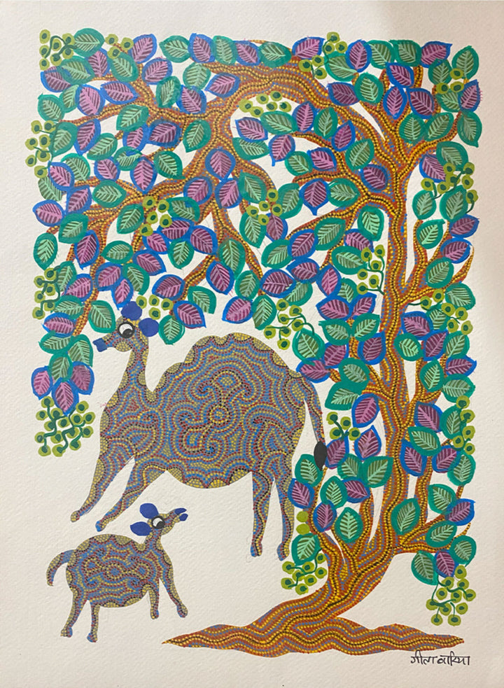 Deer with Tree, Bhil Art by Geeta Bariya Thumbnail