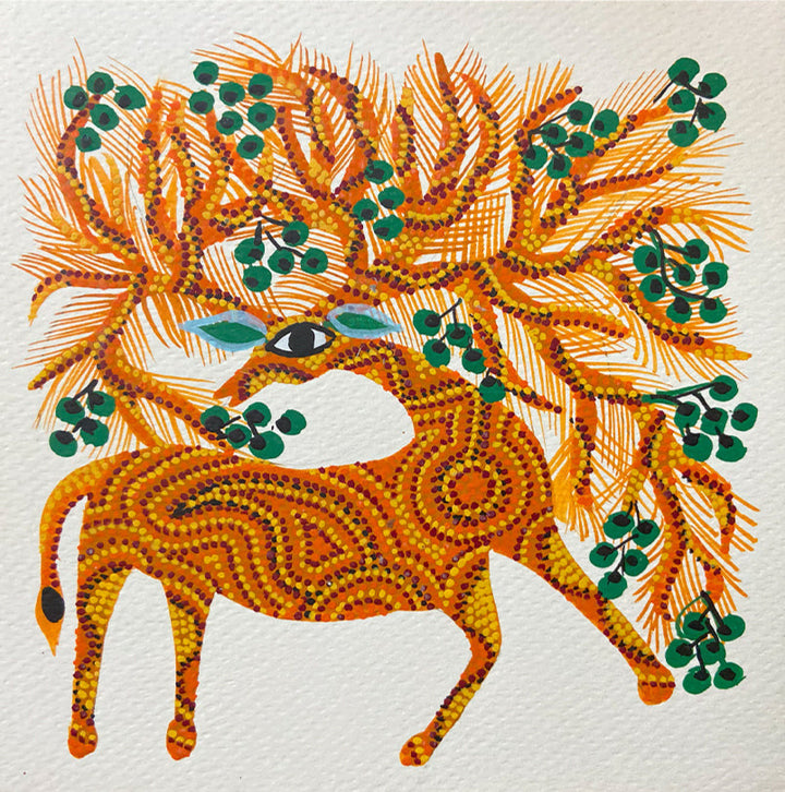 Deer with a Tree, Bhil Art by Geeta Bariya Thumbnail