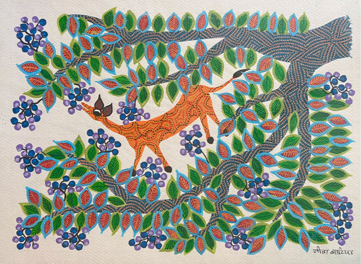 Deer with a Tree, Bhil Art by Geeta Bariya Thumbnail