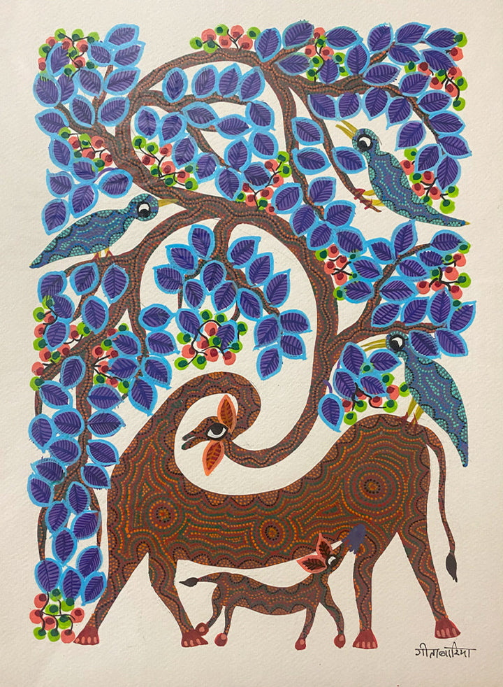 Deer with a Tree, Bhil Art by Geeta Bariya Thumbnail