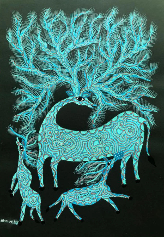 Deers in Greens Bhil Painting by Geeta Bariya Thumbnail