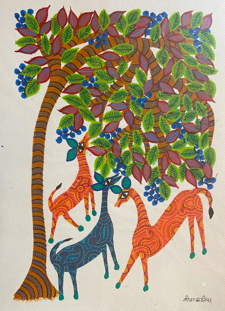 Deers under a Tree, Bhil Art by Geeta Bariya Thumbnail