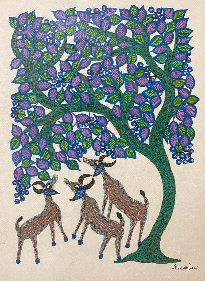 Deers with Tree, Bhil Art by Geeta Bariya Thumbnail