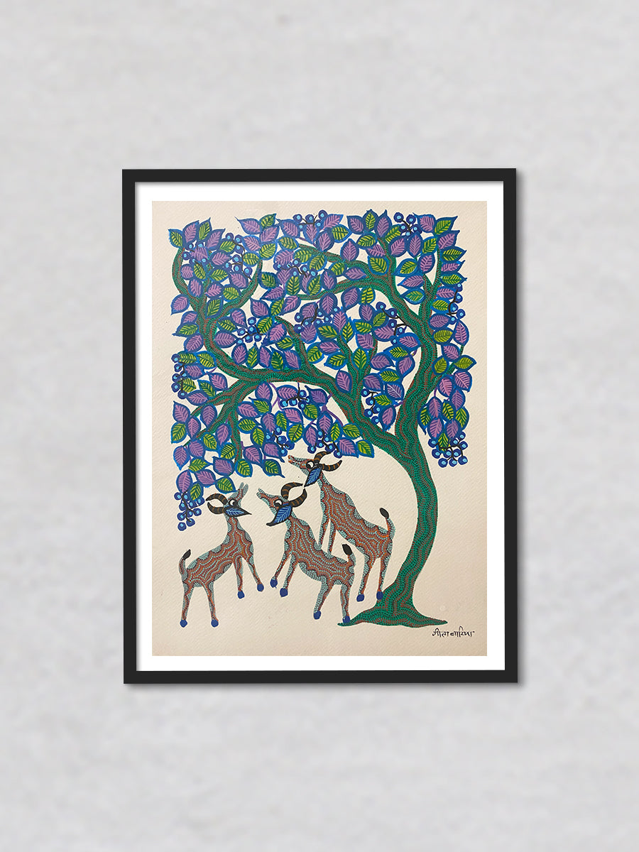 Deers with Tree, Bhil Art by Geeta Bariya
