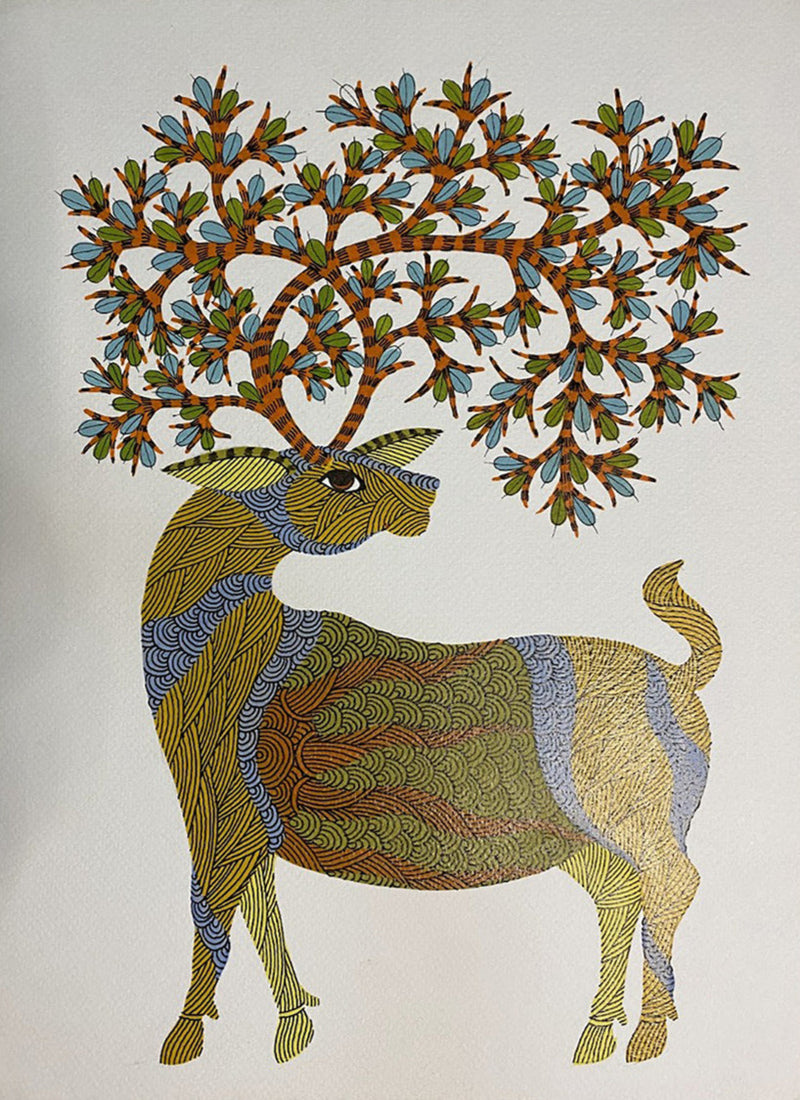 Deer with Tree, Gond Painting by Venkat Shyam