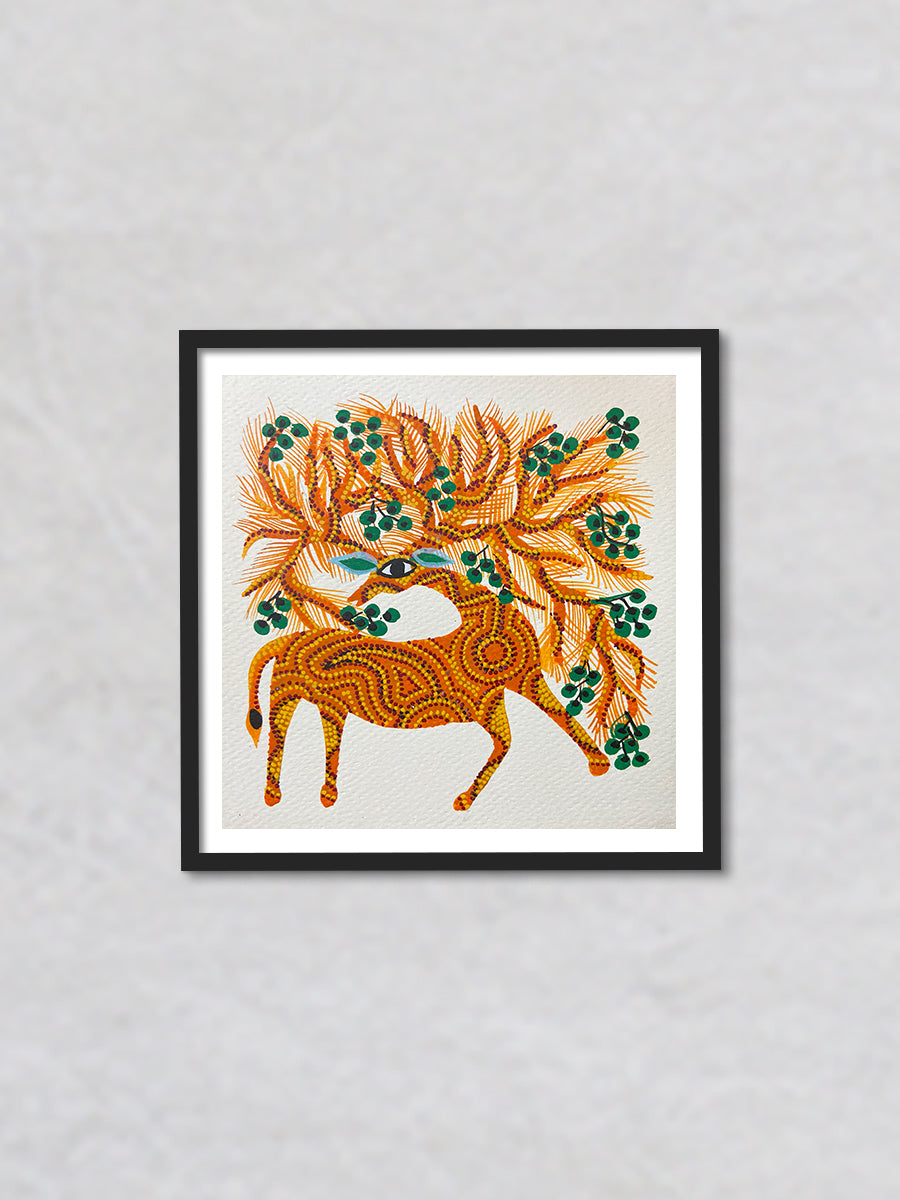 Deer with a Tree, Bhil Art by Geeta Bariya