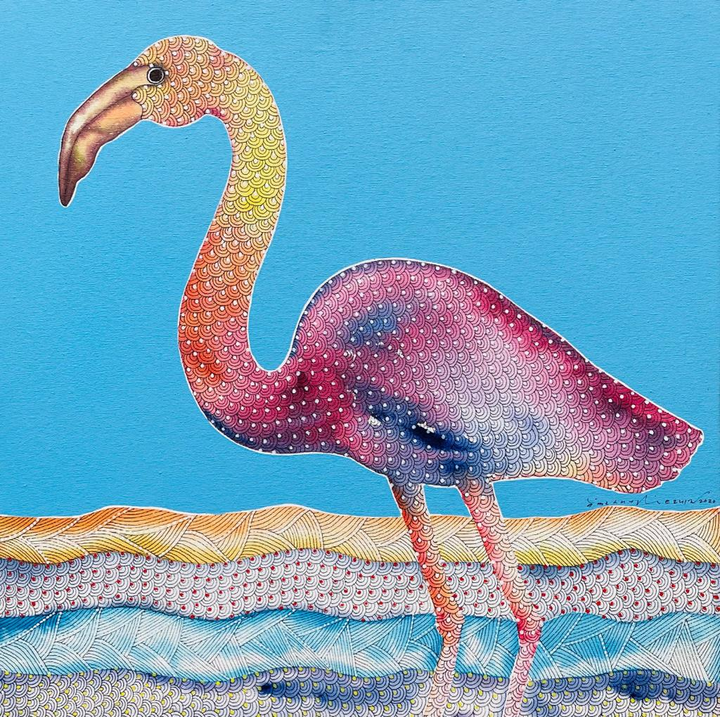 Delightful Crane: Gond Painting by Venkat Shyam Thumbnail
