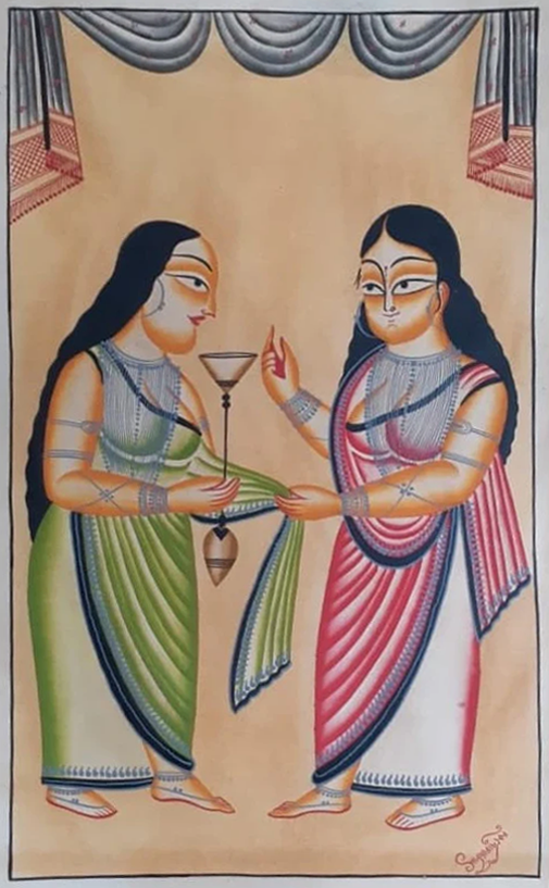 Delightful Friendship:Kalighat painting by Hasir Chitrakar Thumbnail