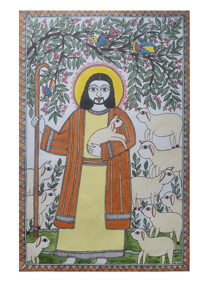 Depiction of Jesus as Good Shepherd: Mystic blend in Madhubani painting by Priti Karn Thumbnail