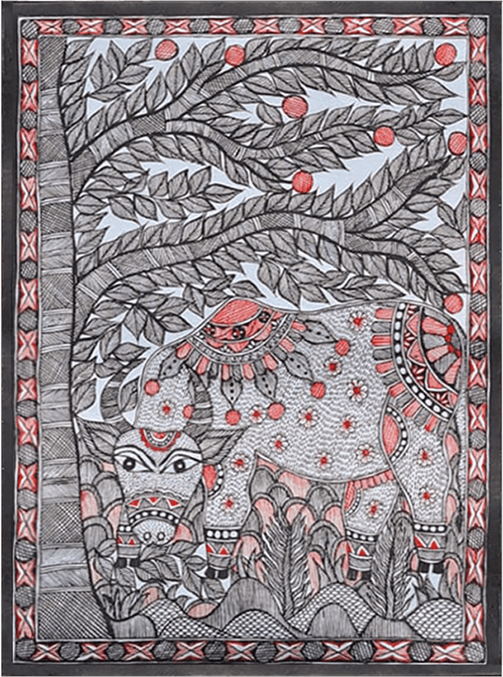 Depiction of cow under a tree in Madhubani by Vibhuti Nath Thumbnail