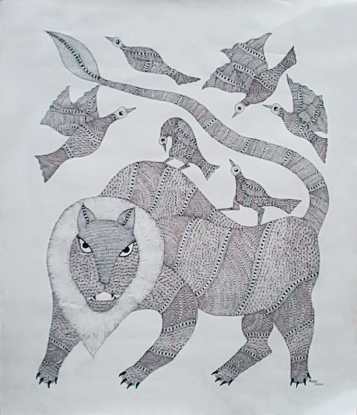 Unity in Diversity: Lion and Birds in Gond by Kailash Pradhan Thumbnail