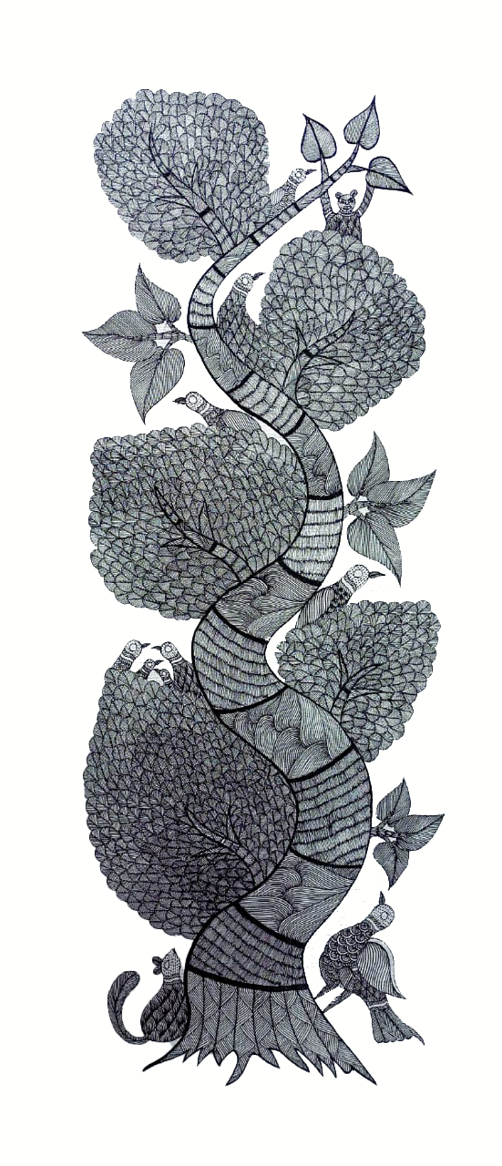 Serpentile Tree: Birds and Animals: Gond by Kailash Pradhan Thumbnail