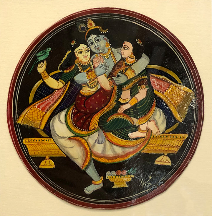 Divine Consorts Embrace: The Celestial Harmony of Lord Krishna and His Stories, Mysore painting by Hemalatha B Thumbnail