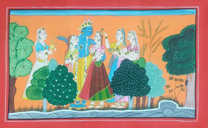Divine Ecstasy: Lord Krishna in Basohli Splendor Basohli Painting by Aastha Billowria  & Shivakshi Sharma Thumbnail