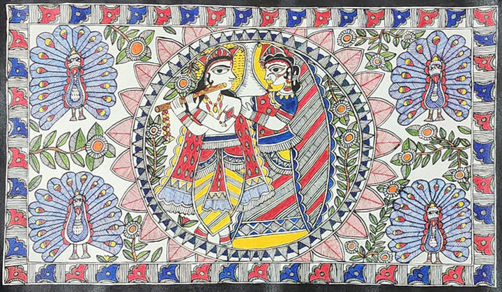 Divine Embrace: Radhe Krishna Eternal Love, Madhubani Painting by Priti Karn Thumbnail