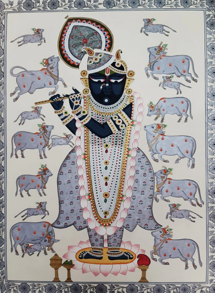 Celestial Blessings: Shrinathji with His Sacred Cows In Pichwai by Shehzaad Ali Sherani Thumbnail