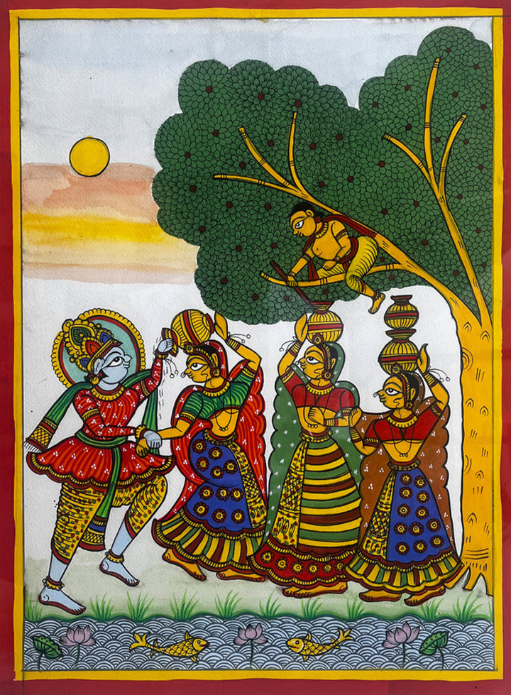 Divine Encounters: Celebration of Krishna's Playful Charm Phad Painting by Kalyan Joshi Thumbnail
