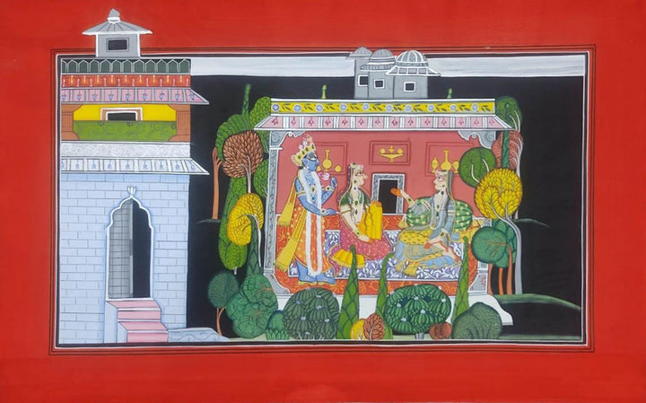 Divine Encounters: Lord Krishna and Radha's Rasamanjari Romance Basohli Painting by Aastha Billowria  & Shivakshi Sharma Thumbnail