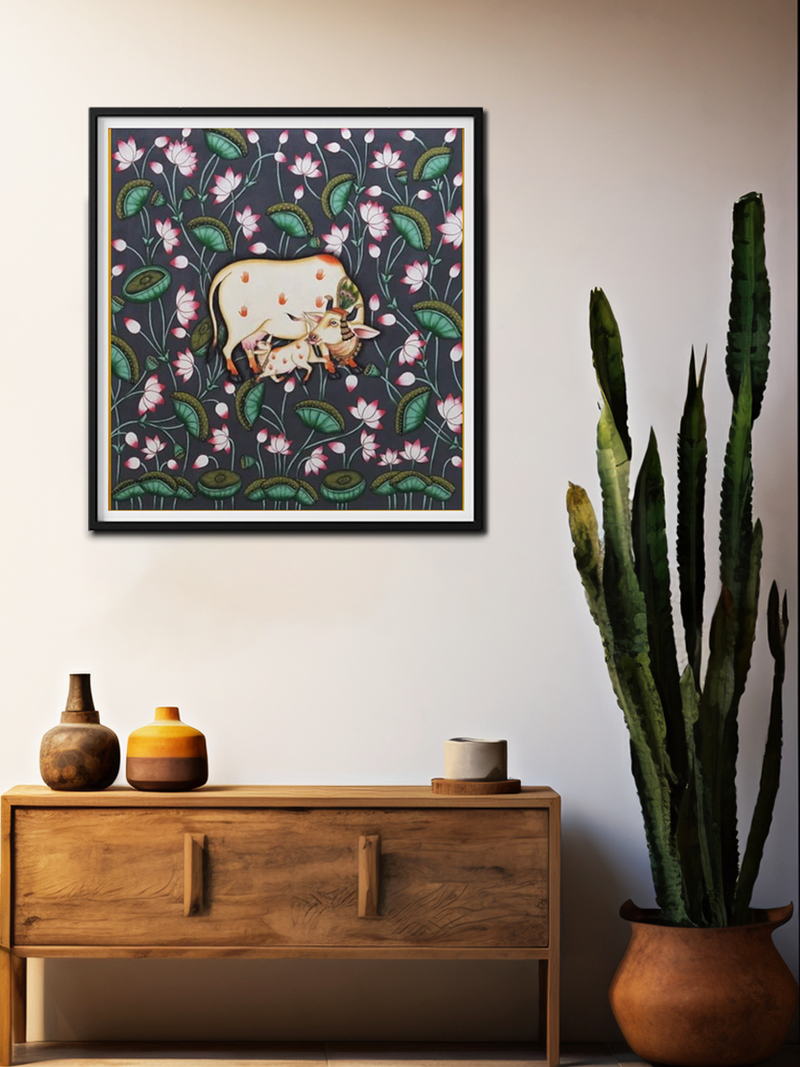Shop Cow with calf between a lotus pond Pichwai art